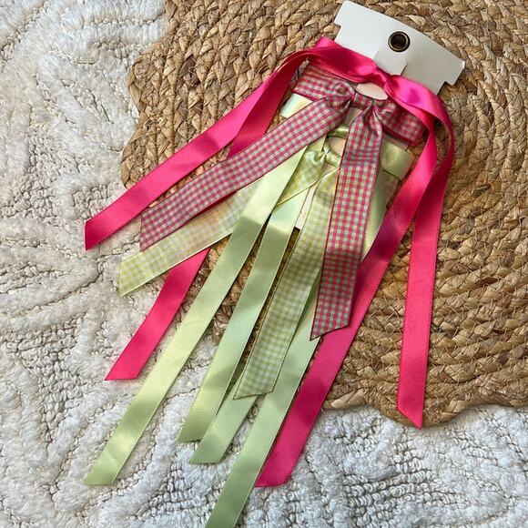 Anthropologie POSITANO GINGHAM HAIR BOWS SET OF 4 Lime Green & Hot Pink Ribbons - Picture 1 of 10